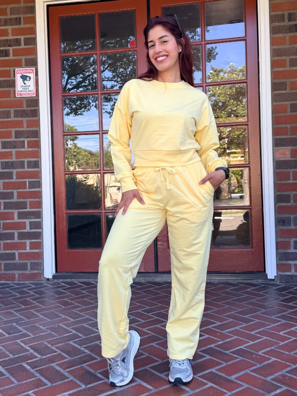 ROSIO Sport Set Sweatshirt Pants Wide Legs Long Sleeve Outfit pocket Yellow L